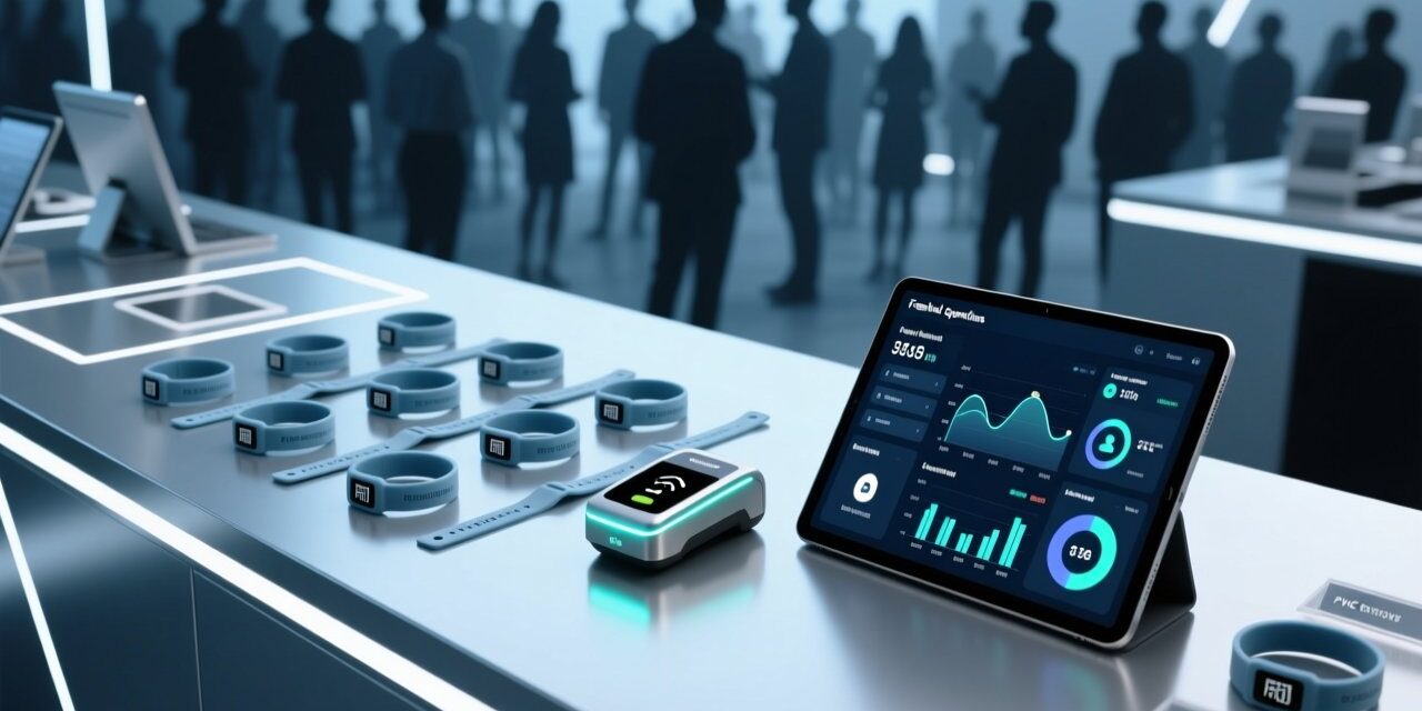 Professional overhead shot of RFID wristbands on a festival-themed table with NFC reader, digital payment interface, and crowd silhouettes in background