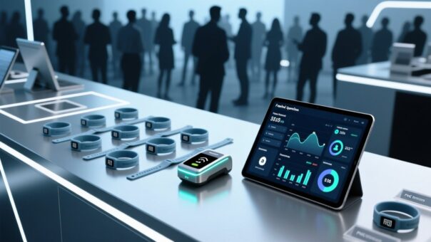 Professional overhead shot of RFID wristbands on a festival-themed table with NFC reader, digital payment interface, and crowd silhouettes in background