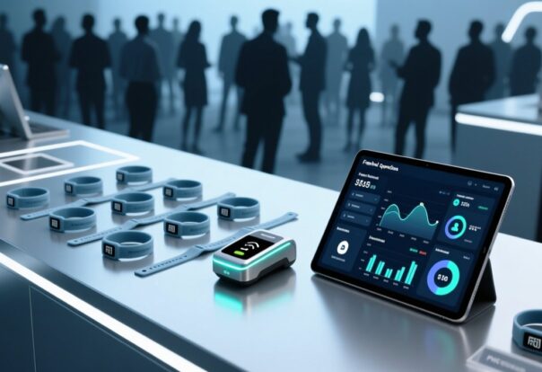 Professional overhead shot of RFID wristbands on a festival-themed table with NFC reader, digital payment interface, and crowd silhouettes in background