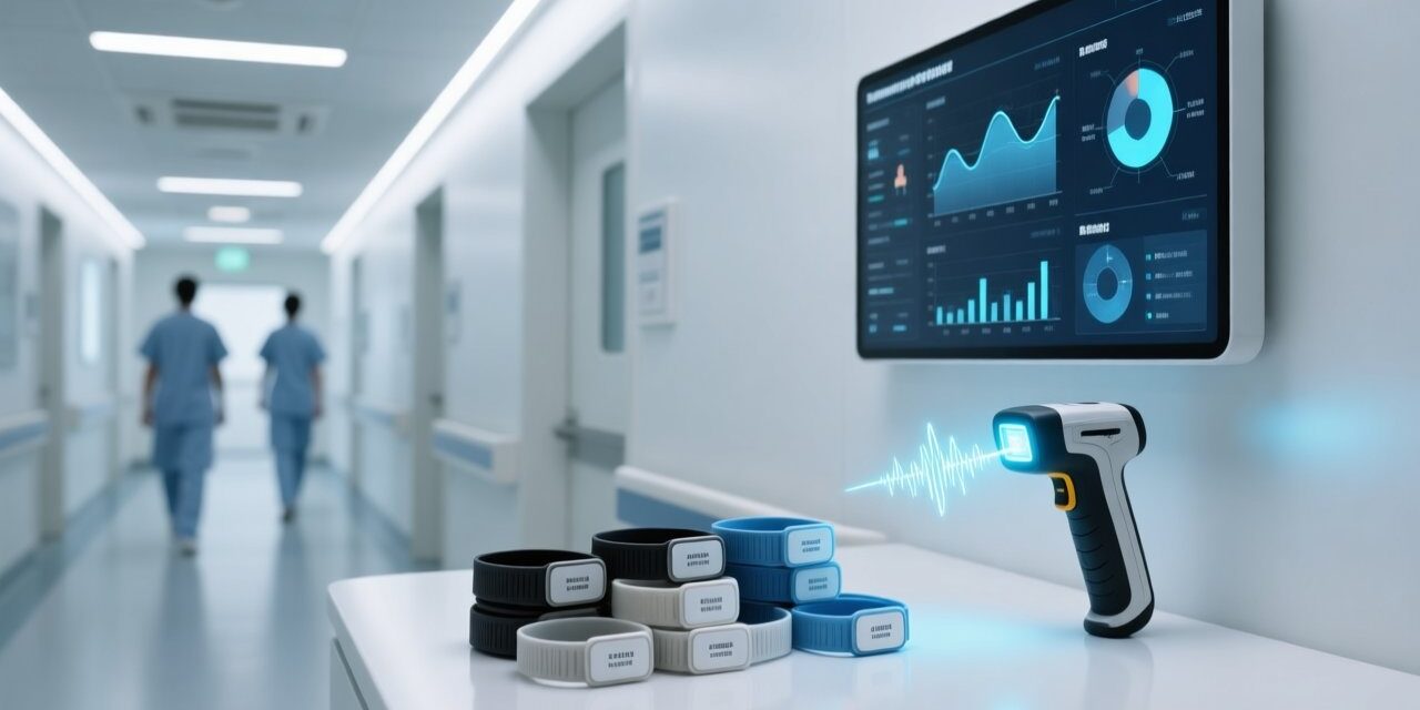 Professional healthcare setting with RFID wristbands, handheld scanner, and digital dashboard showing patient tracking data