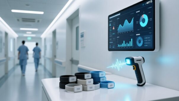 Professional healthcare setting with RFID wristbands, handheld scanner, and digital dashboard showing patient tracking data