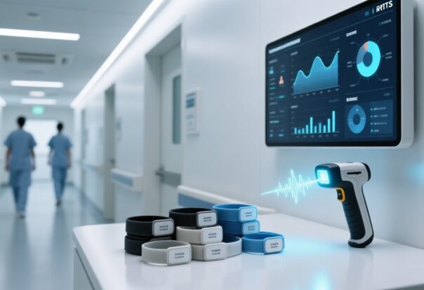 Professional healthcare setting with RFID wristbands, handheld scanner, and digital dashboard showing patient tracking data