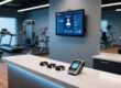 Professional studio shot of NFC wristbands on a modern gym reception desk with integrated ACR122U NFC reader and digital access dashboard