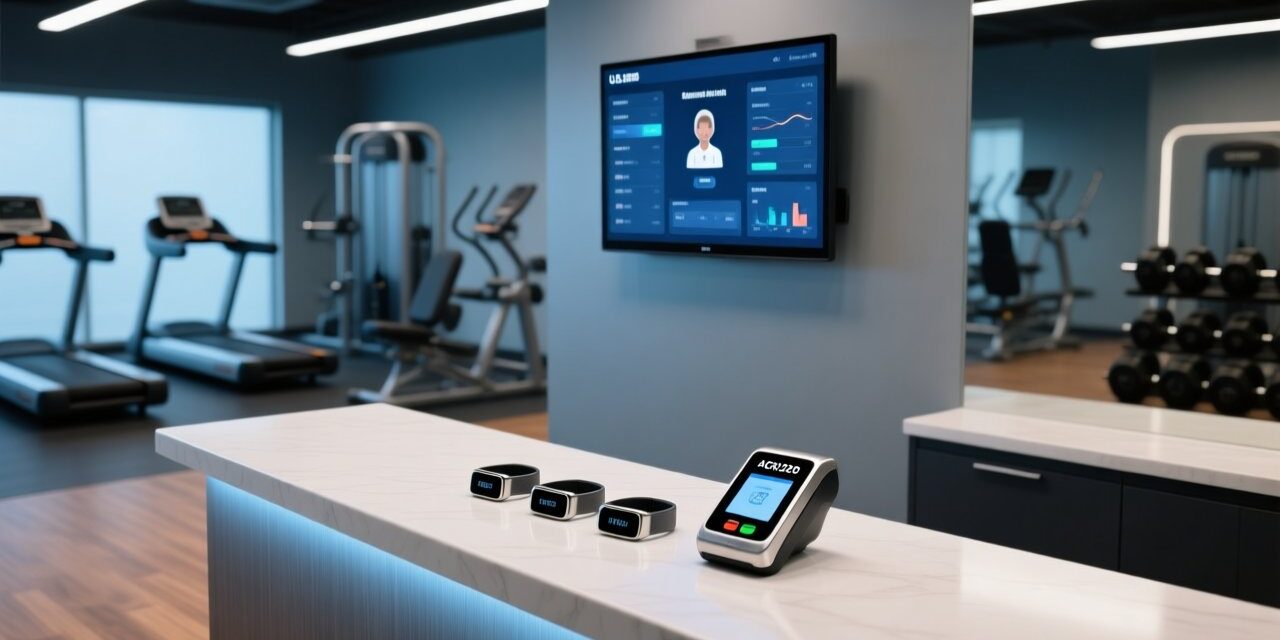 Professional studio shot of NFC wristbands on a modern gym reception desk with integrated ACR122U NFC reader and digital access dashboard