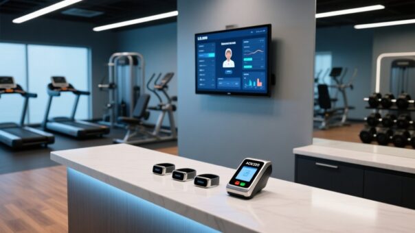 Professional studio shot of NFC wristbands on a modern gym reception desk with integrated ACR122U NFC reader and digital access dashboard