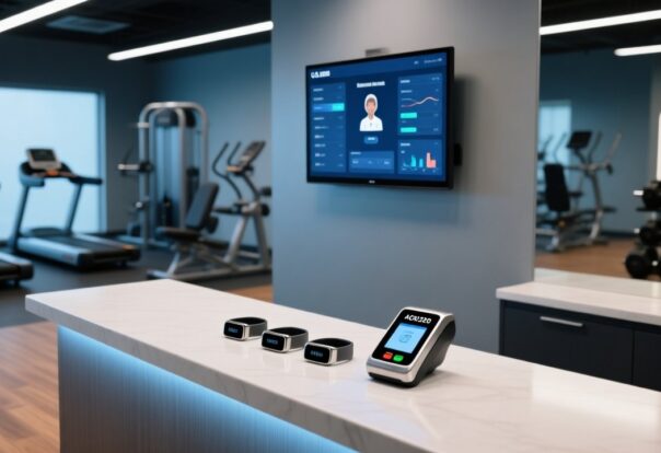 Professional studio shot of NFC wristbands on a modern gym reception desk with integrated ACR122U NFC reader and digital access dashboard