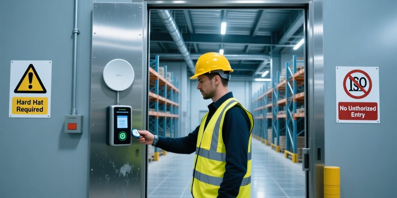 Professional construction site with RFID wristband scanning at access gate, UHF reader mounted on metal frame, workers in PPE, clean industrial lighting