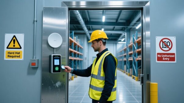 Professional construction site with RFID wristband scanning at access gate, UHF reader mounted on metal frame, workers in PPE, clean industrial lighting