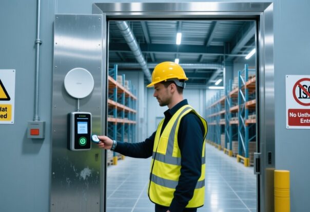 Professional construction site with RFID wristband scanning at access gate, UHF reader mounted on metal frame, workers in PPE, clean industrial lighting