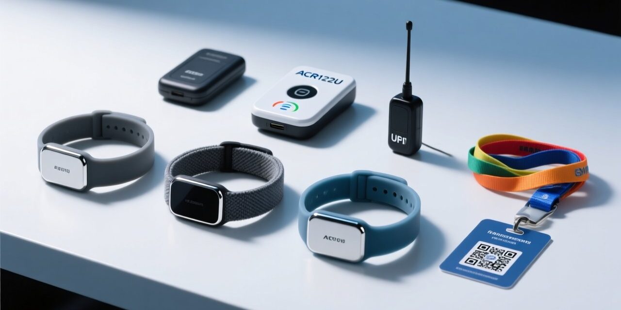 Professional overhead shot of RFID wristbands on a clean white surface beside NFC reader and festival wristband deployment toolkit