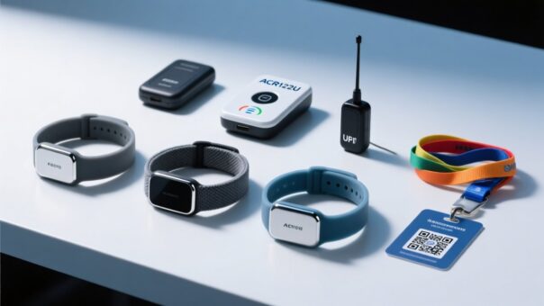 Professional overhead shot of RFID wristbands on a clean white surface beside NFC reader and festival wristband deployment toolkit