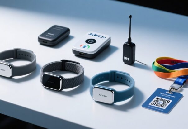 Professional overhead shot of RFID wristbands on a clean white surface beside NFC reader and festival wristband deployment toolkit