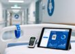 Professional close-up of RFID patient wristband on hospital bed rail beside UHF RFID reader and digital health dashboard interface