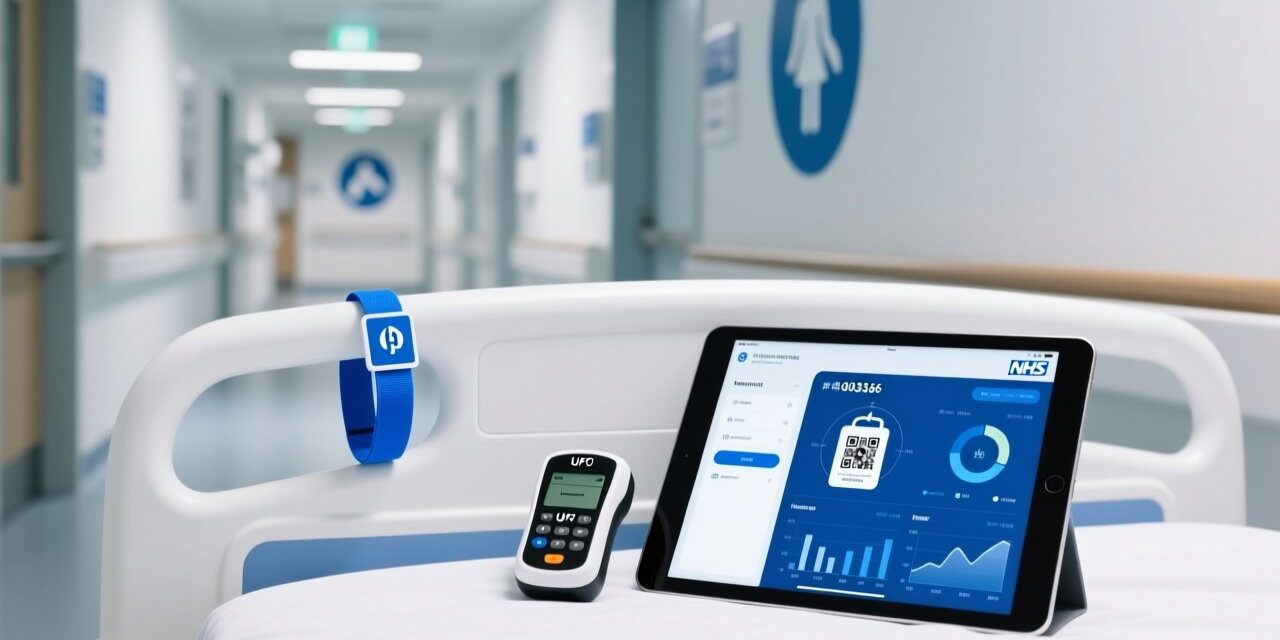 Professional close-up of RFID patient wristband on hospital bed rail beside UHF RFID reader and digital health dashboard interface