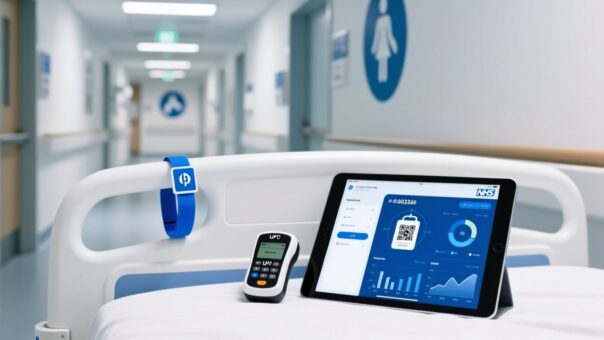 Professional close-up of RFID patient wristband on hospital bed rail beside UHF RFID reader and digital health dashboard interface