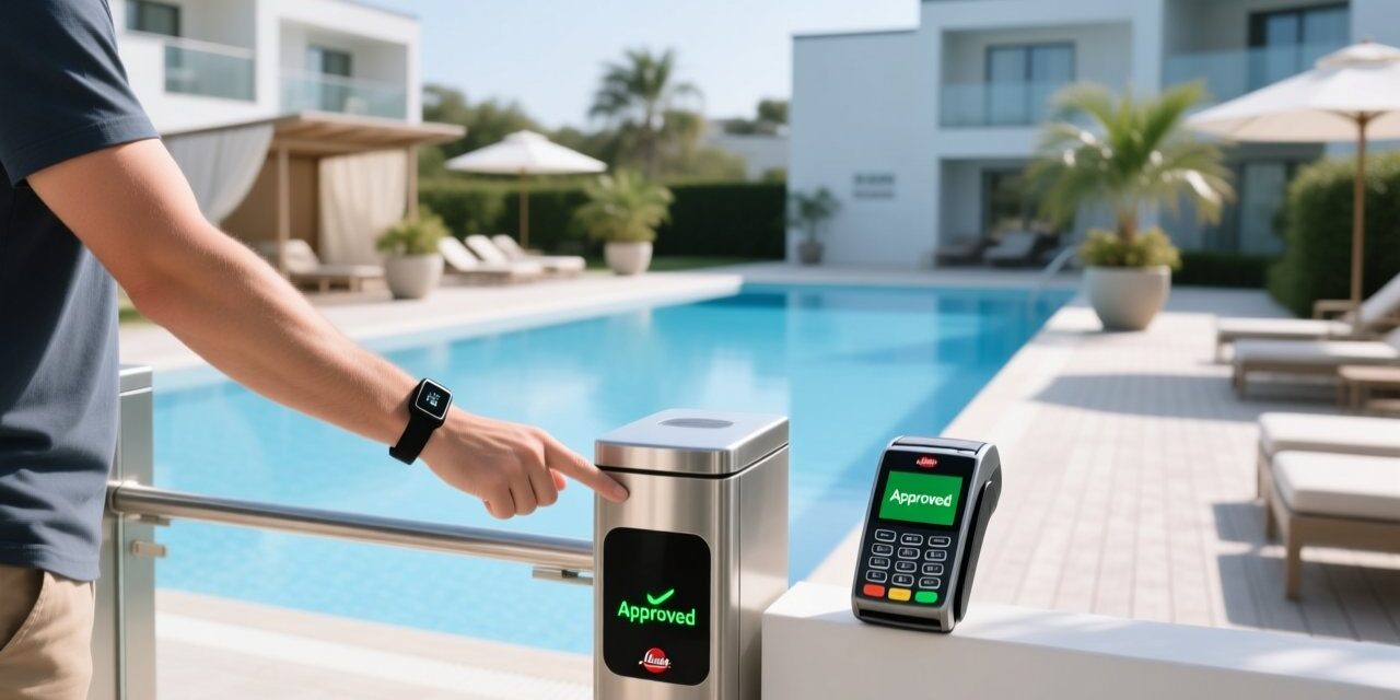 Professional photo of NFC wristband on a resort guest's wrist next to a pool access gate and contactless payment terminal