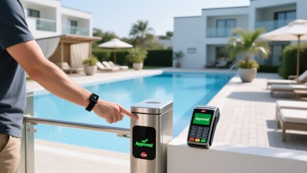Professional photo of NFC wristband on a resort guest's wrist next to a pool access gate and contactless payment terminal