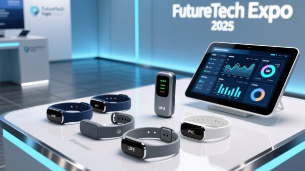 Professional overhead shot of RFID wristbands on a clean white surface beside an industrial UHF RFID reader and digital event dashboard interface