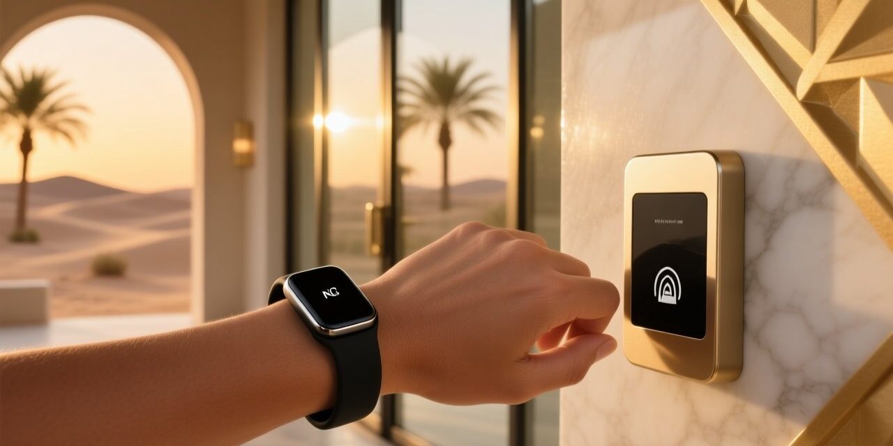 Professional lifestyle image showing NFC wristband on wrist near luxury resort entrance with discreet RFID reader and soft ambient lighting