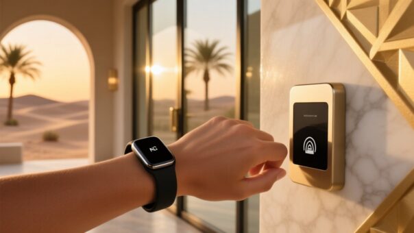 Professional lifestyle image showing NFC wristband on wrist near luxury resort entrance with discreet RFID reader and soft ambient lighting