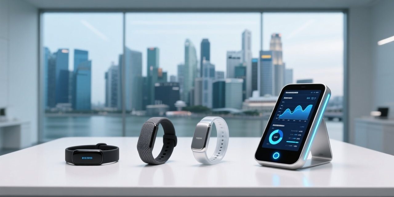 Professional corporate image showing NFC wristbands on wrist next to Singapore skyline, RFID reader, and digital dashboard interface