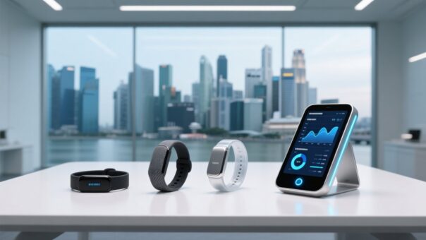 Professional corporate image showing NFC wristbands on wrist next to Singapore skyline, RFID reader, and digital dashboard interface