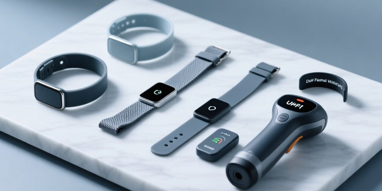 Professional overhead shot of RFID wristbands on a clean white surface beside an NFC reader and festival wristband scanner, blue-gray corporate color scheme, studio lighting