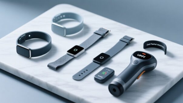 Professional overhead shot of RFID wristbands on a clean white surface beside an NFC reader and festival wristband scanner, blue-gray corporate color scheme, studio lighting