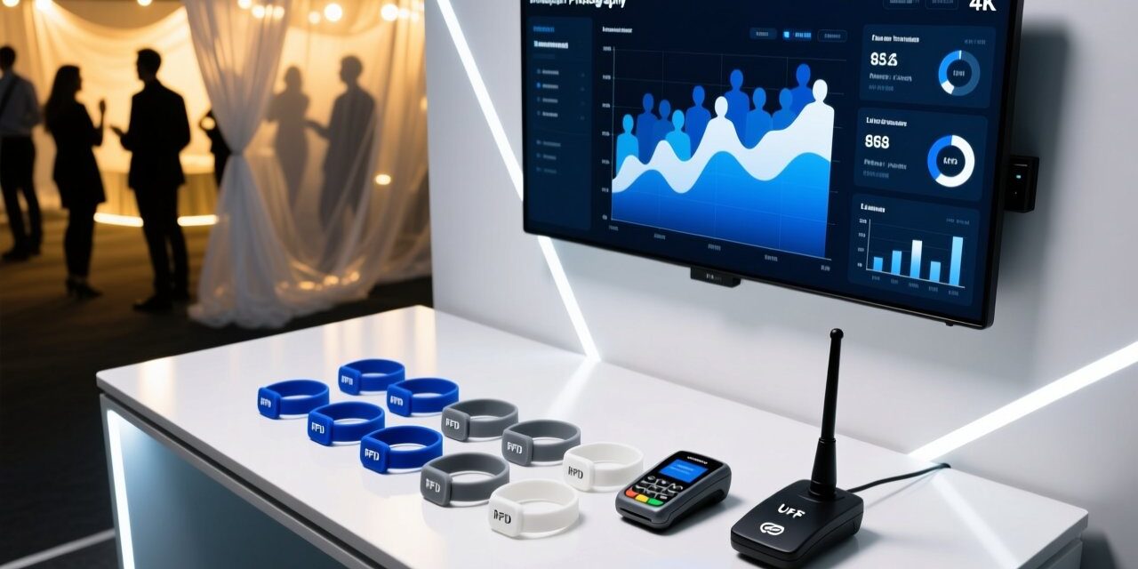 Professional overhead shot of RFID wristbands on a festival-themed table with UHF reader, antenna, and digital dashboard interface — clean corporate tech aesthetic