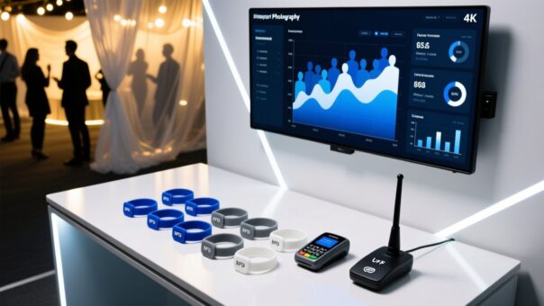 Professional overhead shot of RFID wristbands on a festival-themed table with UHF reader, antenna, and digital dashboard interface — clean corporate tech aesthetic