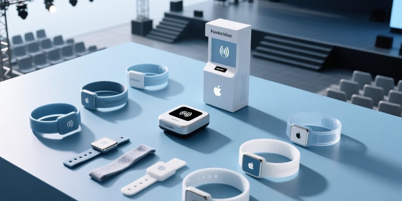 Professional overhead shot of RFID wristbands on a clean blue surface beside an NFC reader and festival wristband kiosk setup
