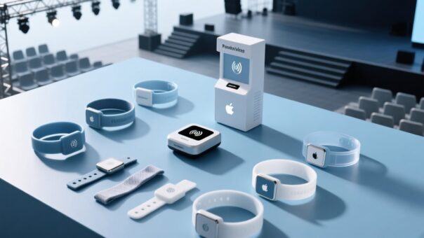 Professional overhead shot of RFID wristbands on a clean blue surface beside an NFC reader and festival wristband kiosk setup