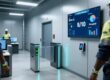 Professional industrial scene showing RFID wristbands on workers' wrists, UHF RFID reader mounted at gate, digital safety dashboard display, clean modern mining operations setting