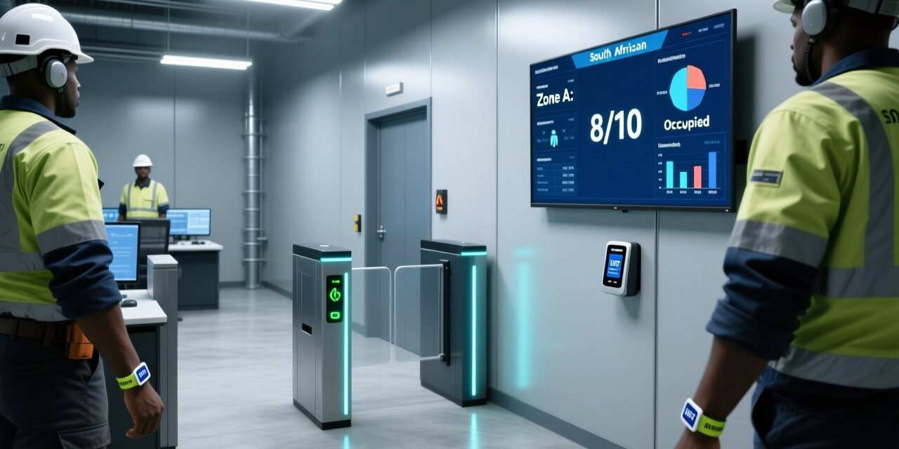 Professional industrial scene showing RFID wristbands on workers' wrists, UHF RFID reader mounted at gate, digital safety dashboard display, clean modern mining operations setting