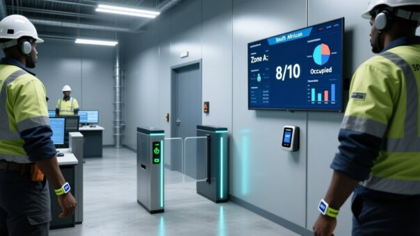 Professional industrial scene showing RFID wristbands on workers' wrists, UHF RFID reader mounted at gate, digital safety dashboard display, clean modern mining operations setting