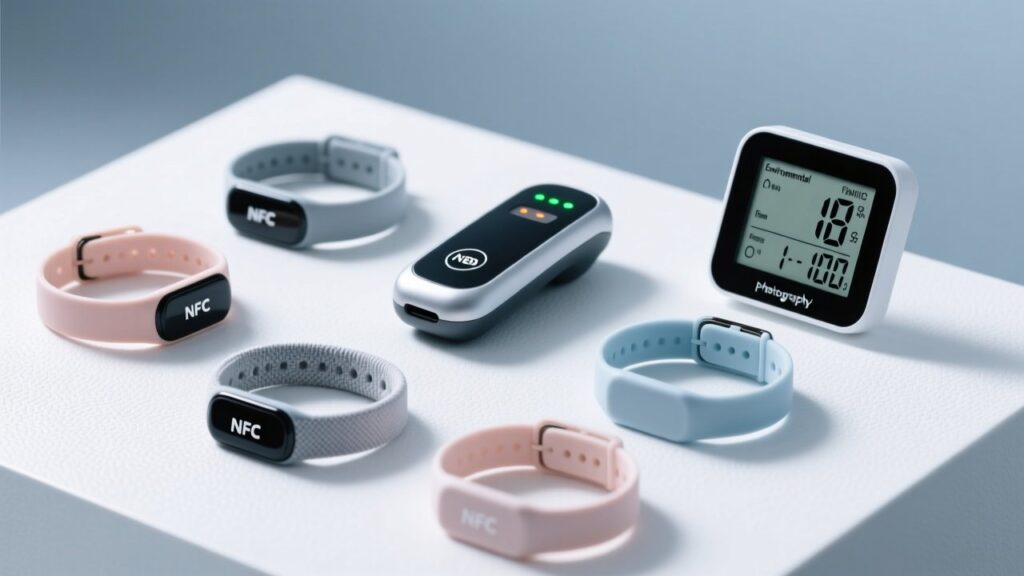 Professional overhead shot of NFC wristbands arranged on a clean white surface beside an industrial handheld RFID scanner and digital temperature/humidity display