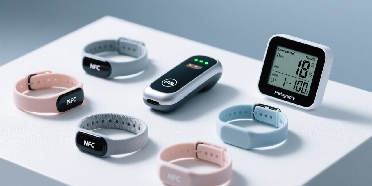 Professional overhead shot of NFC wristbands arranged on a clean white surface beside an industrial handheld RFID scanner and digital temperature/humidity display