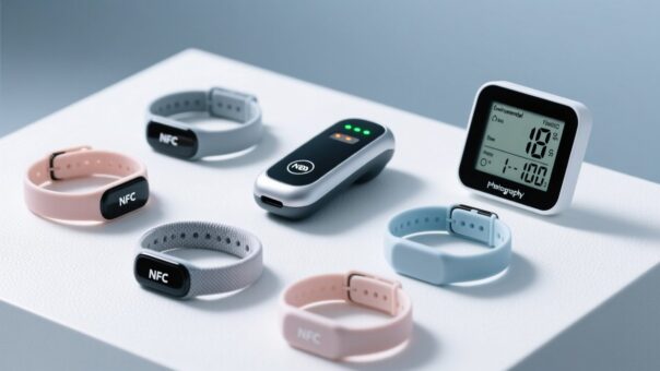 blog-cover-1778229202110 Professional overhead shot of NFC wristbands arranged on a clean white surface beside an industrial handheld RFID scanner and digital temperature/humidity display