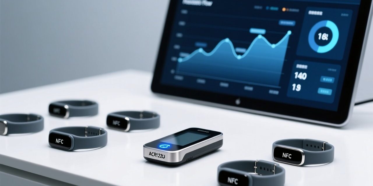 Professional overhead shot of NFC wristbands on a clean white surface beside an active NFC reader and digital event dashboard display