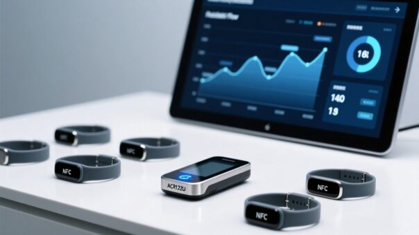 blog-cover-1778229339712 Professional overhead shot of NFC wristbands on a clean white surface beside an active NFC reader and digital event dashboard display