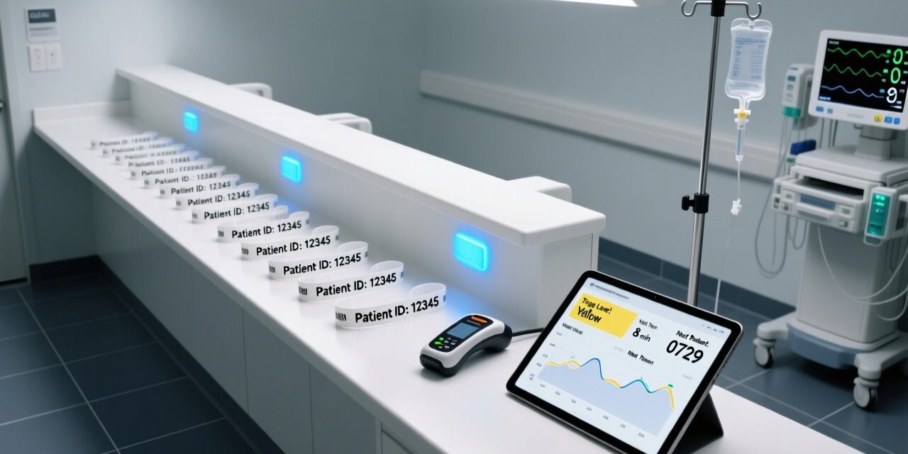 blog-cover-1778229477316 Professional overhead view of RFID-enabled emergency room workflow: disposable wristbands, handheld scanner, digital dashboard, clean medical setting