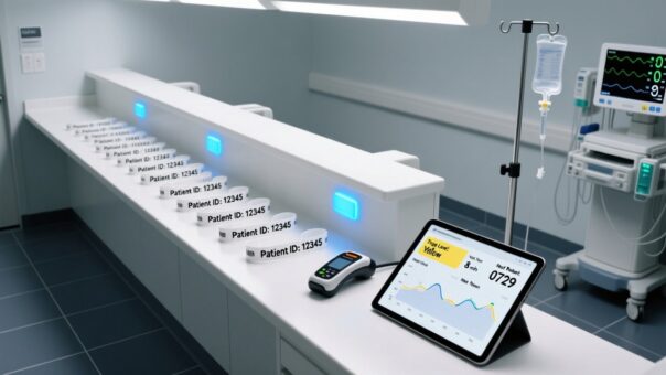Professional overhead view of RFID-enabled emergency room workflow: disposable wristbands, handheld scanner, digital dashboard, clean medical setting
