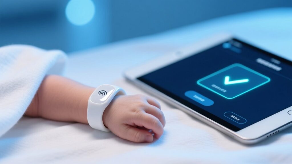 Professional close-up of RFID-enabled infant wristband on newborn wrist, beside medical tablet displaying secure ID verification screen, soft blue lighting