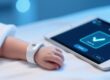 Professional close-up of RFID-enabled infant wristband on newborn wrist, beside medical tablet displaying secure ID verification screen, soft blue lighting