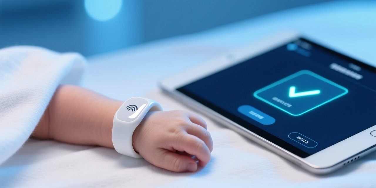 blog-cover-1778229570693 Professional close-up of RFID-enabled infant wristband on newborn wrist, beside medical tablet displaying secure ID verification screen, soft blue lighting
