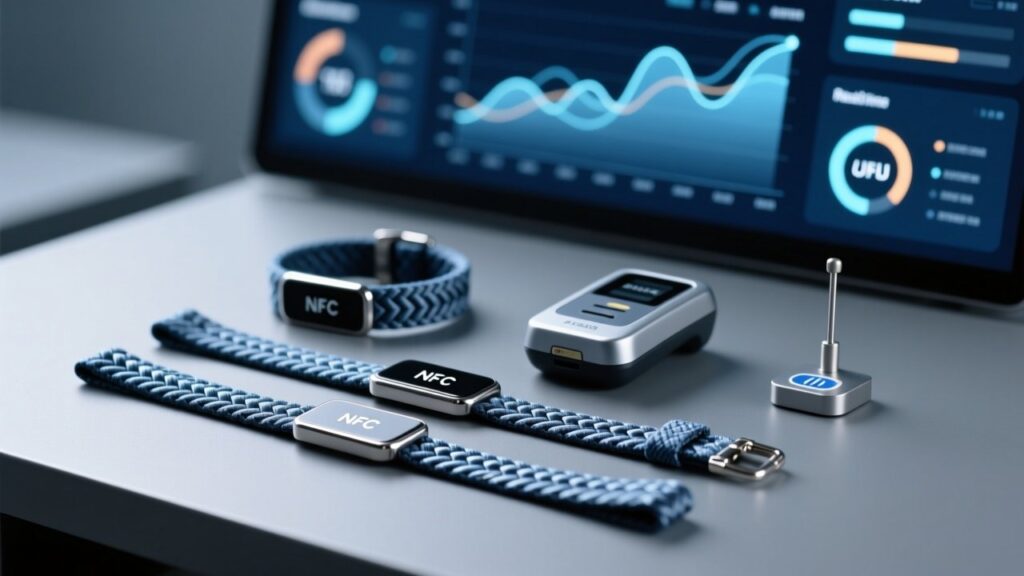 Professional close-up of woven NFC wristbands on a clean studio surface with NFC reader and digital dashboard display in background