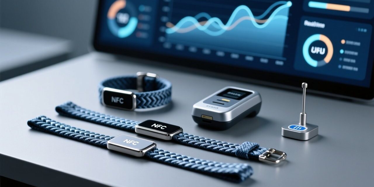 Professional close-up of woven NFC wristbands on a clean studio surface with NFC reader and digital dashboard display in background