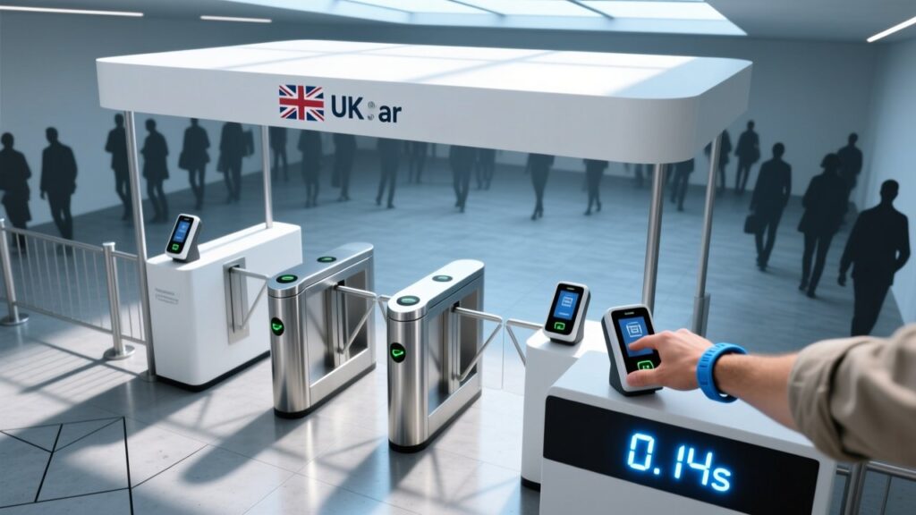 Professional overhead shot of NFC wristband being tapped on a compact desktop reader at a modern UK event entrance station