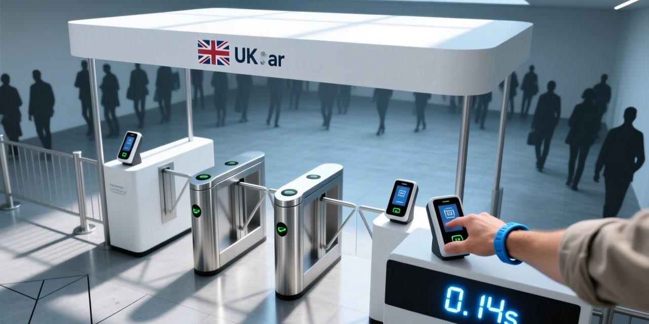 blog-cover-1778229837105 Professional overhead shot of NFC wristband being tapped on a compact desktop reader at a modern UK event entrance station