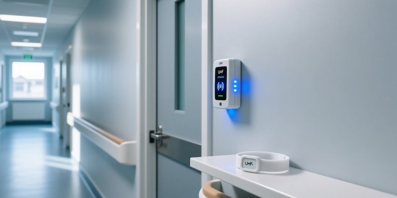blog-cover-1778229943001 Professional interior of UK care home corridor with discreet RFID reader mounted near exit door and silicone RFID wristband on shelf